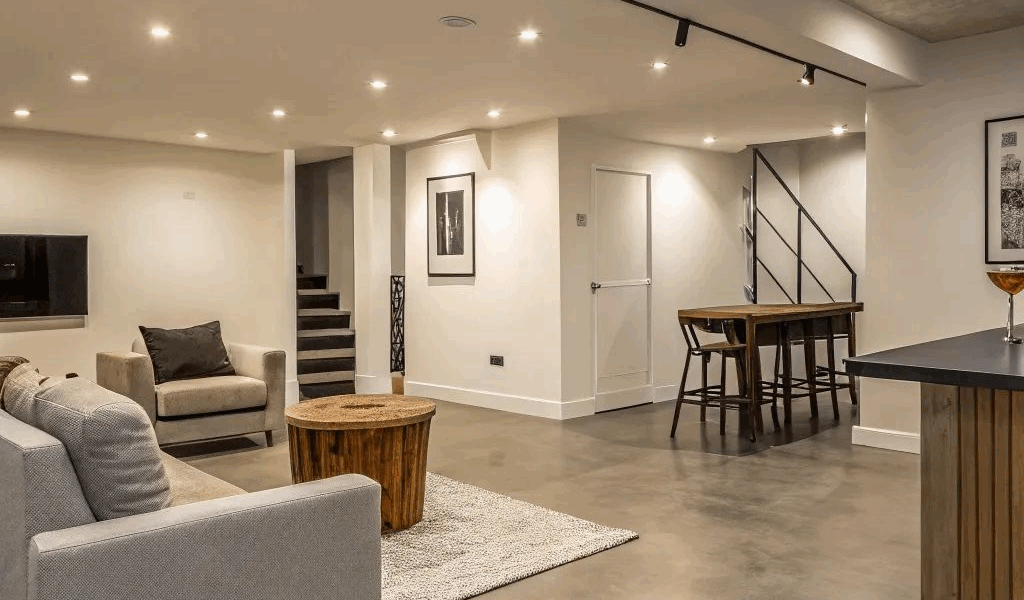 Modern finished basement with polished concrete flooring and lights