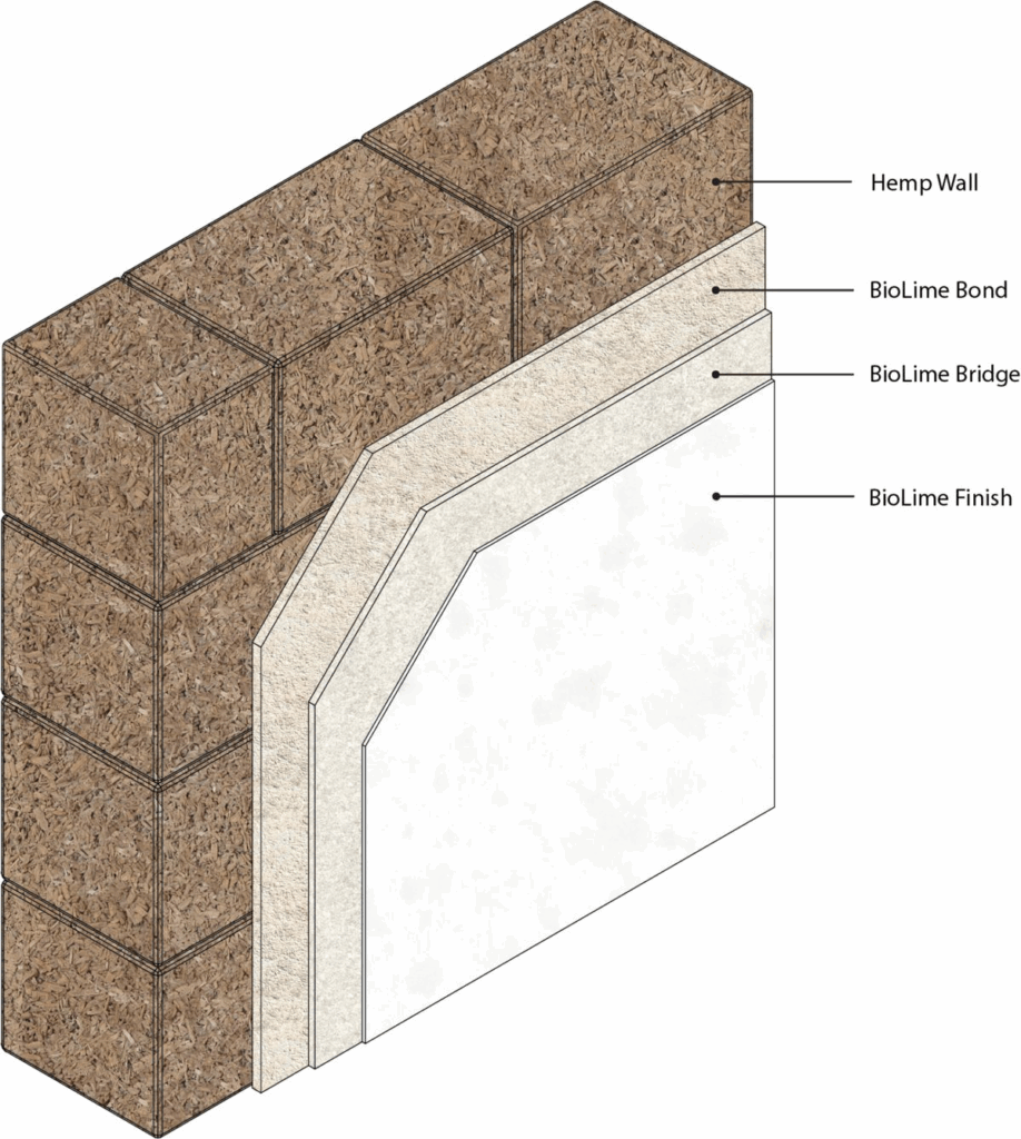 Hemp wall construction with BioLime bond, bridge, and finish