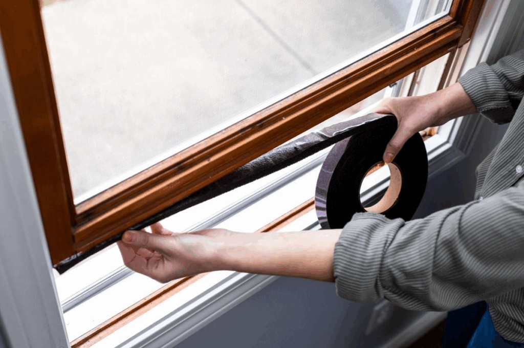 Installing foam weatherstripping tape on wooden window frame