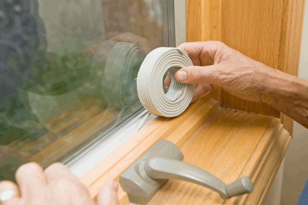Applying rope caulk weatherstripping to wooden window frame