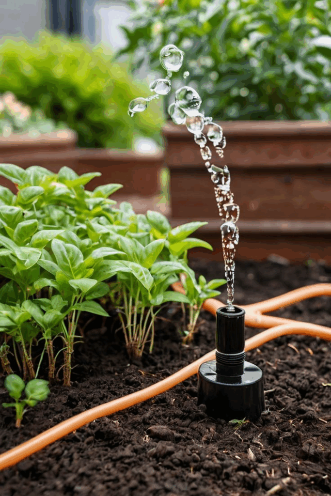 Garden drip irrigation sprinkler watering vegetable plants with precision
